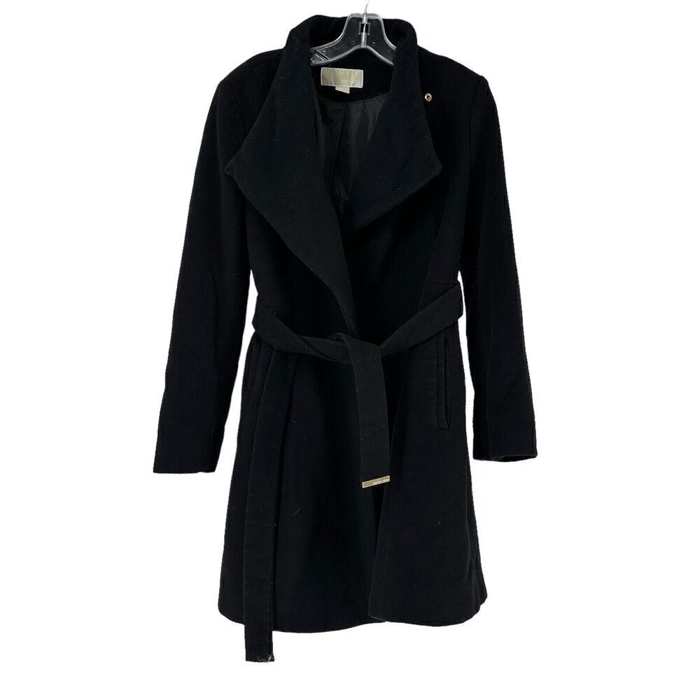 Michael Kors Walker Coat Black Wool Blend Belted Womens Size Small Classic Coat
